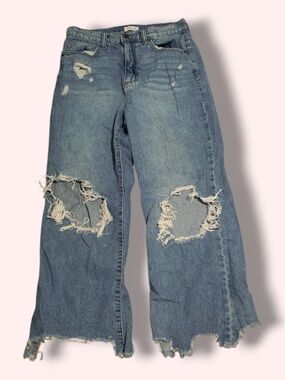 Sneak Peek Light Blue Distressed Wide-Leg Jeans with Frayed Knees